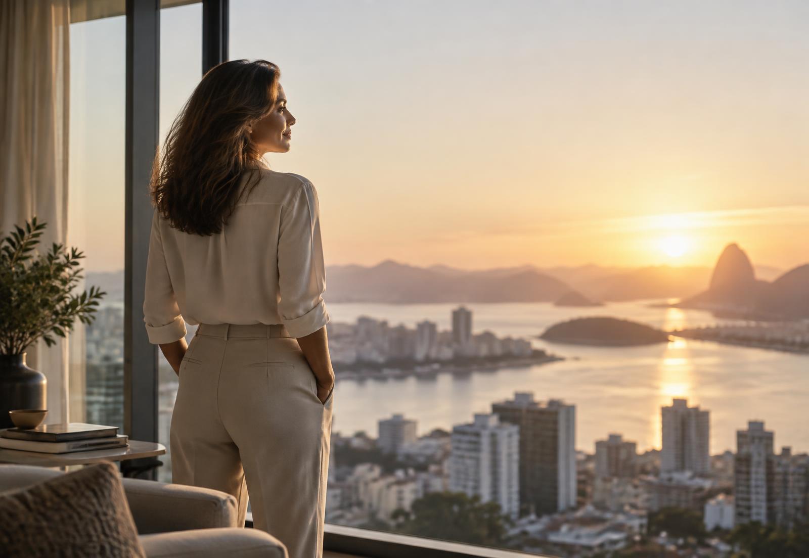 Mulher observando um novo amanhecer pela janela
